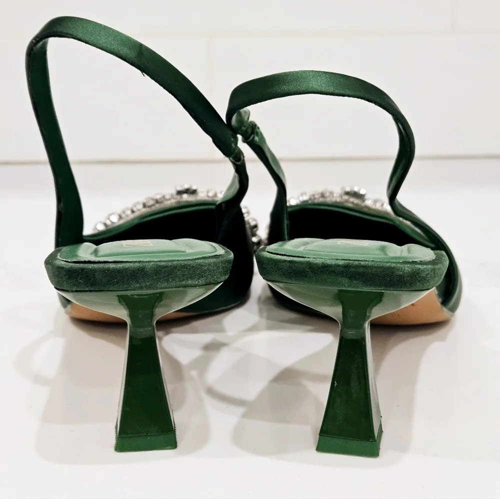 Zara Emerald Satin Slingback Heels Rhinestone Bow Kitten Heel Size 39 - Picture 4 of 6